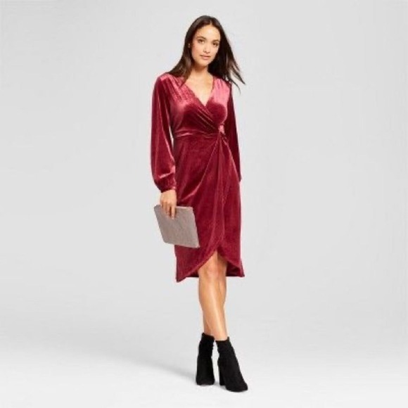 a new day Dresses & Skirts - A New Day Red Velvet Twist Front‎ Long Sleeve Dress Size XS